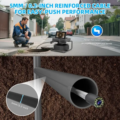 Miniatura 3 de Cámara de drenaje Sanyipace 66 pies/20M, pantalla emergente IPS de 7", cable rígido de 5MM, zoom digital 20X, cámara de tubería impermeable
