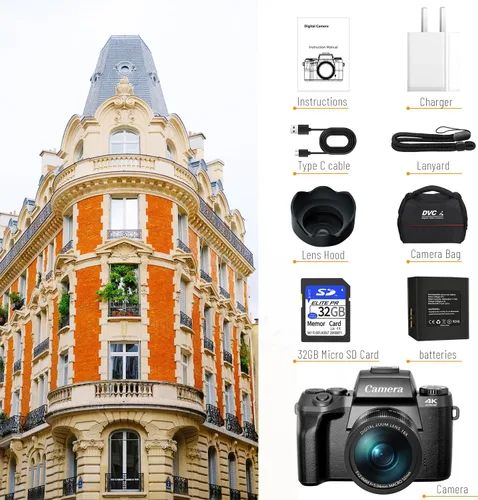 Miniatura 8 de Saneen Cámara digital, cámaras 4K para fotografía, pantalla táctil WiFi de 64 MP con flash, tarjeta de 32 GB, capucha de lente, batería de 3000 mAh