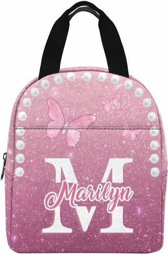 Miniatura 12 de InterestPrint Bolsa de almuerzo con nombre personalizado para hombres y mujeres, diseño de mariposa rosa y azul personalizada, caja de almuerzo