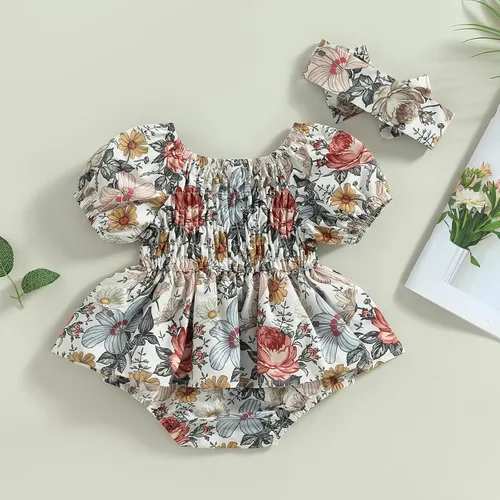 Miniatura 59 de Mameluco para bebés y niñas de 3, 6, 9, 12, 18 meses, enterizo de manga corta, fruncido, faldas y dobladillo, diadema
