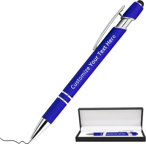 Aolun Bolígrafos personalizados, bolígrafos con grabado personalizado con lápiz capacitivo, metal suave al tacto, nombre grabado, logotipo o Azul