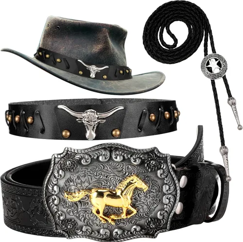 Panitay 3 Pcs Cowboy Accessories for Men Including Western Buckle Belt Hat Band for Cowboy Hat Vintage Bolo Tie (No Hat)