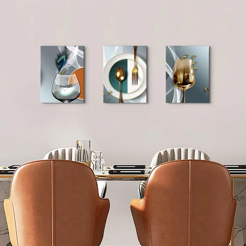Miniatura 3 de AIYISU 3 piezas de arte de pared de cocina con copas de vino para decoración de pared del comedor Cuadros de copas de vino en teja, gris y oro