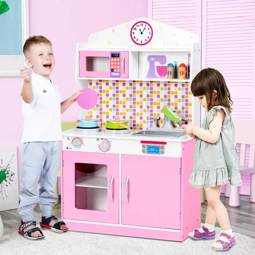 Miniatura 3 de Costzon Juego de cocina para niños, juguete de cocina de chef de simulación de madera con sonido realista, microondas, fregadero, accesorios de Rosa