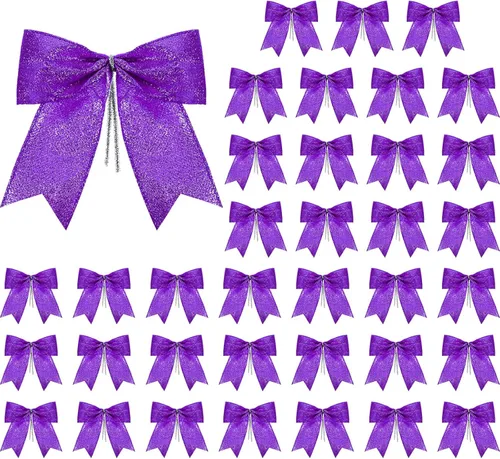 Sumind 36 lazos morados con purpurina para árbol de Navidad, 7 x 7 pulgadas, lazos para bolsas de golosinas, cesta de envoltura de regalo, boda,