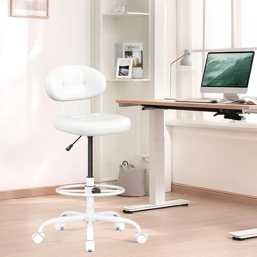 Miniatura 2 de Silla de Dibujo Misolant, Silla de Oficina Alta Sin Brazos con Anillo de Reposapiés para Escritorio de Pie, Silla Ejecutiva Pequeña de Cuero Blanco