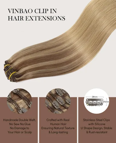 Miniatura 3 de VINBAO Extensiones de cabello humano con clip, balayage, color marrón ceniza a rubio caramelo, 14 pulgadas, 6 unidades, 3.53 onzas, 6