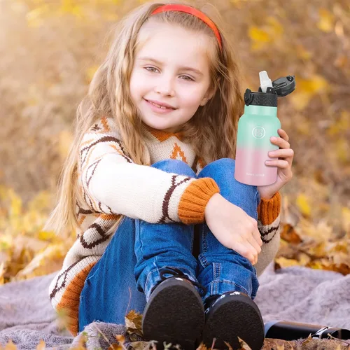Miniatura 7 de Han's Bottle Botella de agua para niños con tapa con pajita - Vaso reutilizable de acero inoxidable aislado para niñas, niños, taza térmica, 12