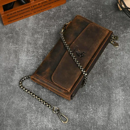 Miniatura 54 de Genuino Caballo Loco Cuero Regalo de Viaje Moneda Bolsillo Tarjetero Organizador Largo Cadena Rfid Cartera Monedero Con Broche Para Hombres Hombres