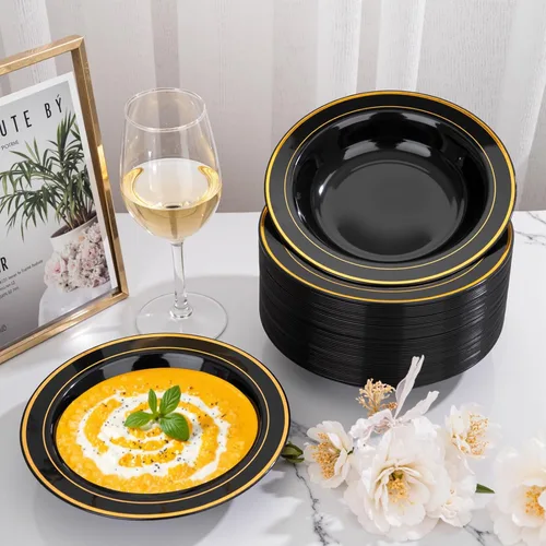 Miniatura 4 de bUCLA Paquete de 60 cuencos de plástico negros con borde dorado, cuencos de plástico de 12 onzas desechables para bodas, fiestas, reuniones y Año
