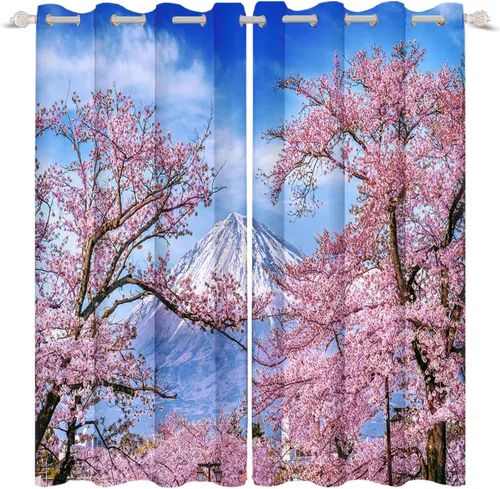 Renaiss Cortinas de ventana con diseño de cerezo Fuji, tratamiento de ventana de cielo azul, flores rosas, cortinas opacas de privacidad para hombre