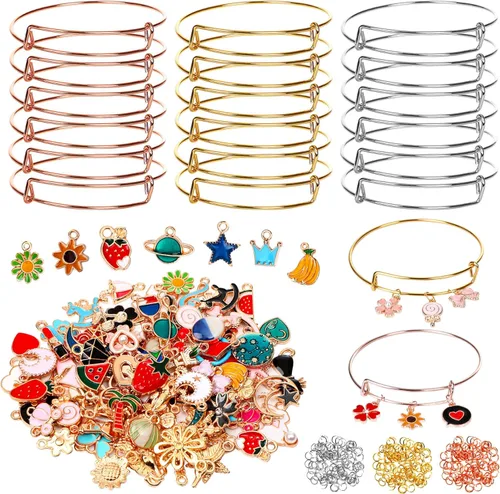 UPINS 30 pulseras de plata expandibles en blanco, pulseras de alambre ajustables con 100 dijes de plata tibetana, 200 anillos abiertos para hacer