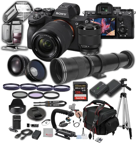 Sony A7 IV con lente de 1.102-2.756 in, memoria extrema de 128 GB, lente súper teleobjetivo de 16.535-31.496 in, TTL Pro Flash, filtros, lentes,