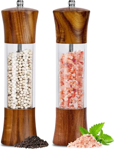 Juego de Molinillos de Sal y Pimienta de Madera de Acacia Premium Acrílica de 8 Pulgadas, Juego de Molinos de Sal y Pimienta, Molinos Manuales -