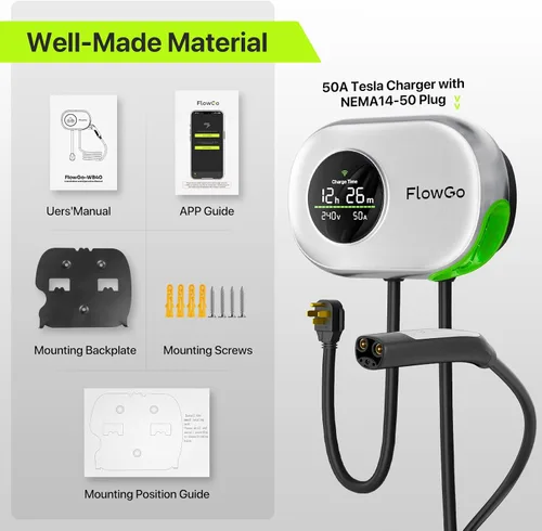 Miniatura 7 de Cargador FlowGo de Nivel 2 para Tesla 50A Cargador Inteligente para Hogar NACS 240V Cargador Tesla 50 Apms Pantalla de Gran Tamaño Activada por