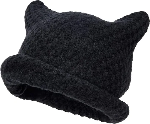 Century Star Gorros de ganchillo para mujer, gorro de gato, gorro de invierno cálido de punto a rayas, accesorios de gorra Y2K, gorros holgados