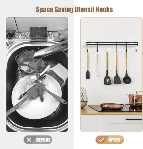 Miniatura 3 de Utensil Hooks Wall Utensil Holder Rail with 6 Hooks Kitchen Utensils Hanger No Drilling Wall Mounted Adhesive Utensil Hooks for Kitchen, Bathroom