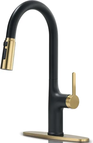 Grifos de cocina, grifo de cocina negro y dorado con rociador extraíble, grifo de fregadero de cocina de acero inoxidable de arco alto, grifo de