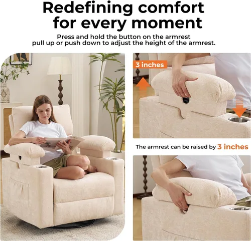 Miniatura 4 de Sillón reclinable eléctrico con balanceo para guardería con apoyabrazos ajustables, silla de lactancia con función de masaje y calor, reclinable