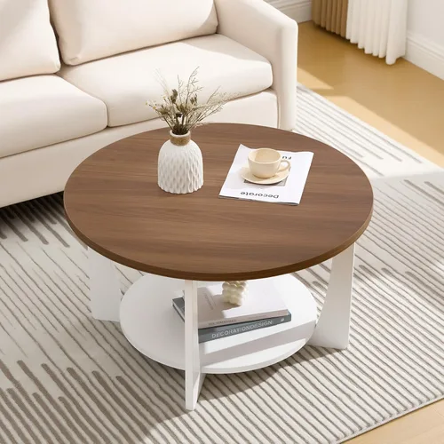 Miniatura 7 de BECHAEO Mesa de centro redonda de 31.5 pulgadas con patas de pino de madera maciza, mesa de centro rústica de 2 niveles con estante