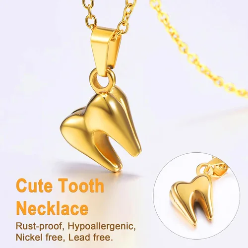 Miniatura 4 de U7 Dentistajoyería de enfermería Acero inoxidable chapado en oro de 18 quilates Mini lindo diente colgante Rolo cadena Dental collares de dientes