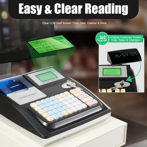 Miniatura 8 de Caja registradora electrónica, caja registradora POS System con 48 llaves, bandeja de efectivo extraíble e impresora térmica, caja registradora