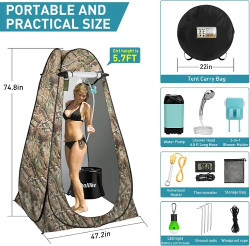 Miniatura 5 de Portable Hot Shower for Camping Shower Tent Kit, 1000W Immersion Heater, Rechargeable Camping Shower Pump, Pop Up Shower Tent with 6.6 Gallons Kit