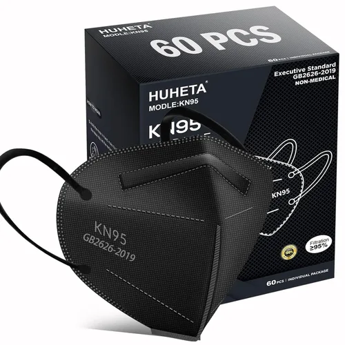 HUHETA Mascarilla KN95, 60 unidades, máscaras de seguridad de 5 capas para hombres y mujeres, eficiencia de filtro > = 95% (máscara negra)