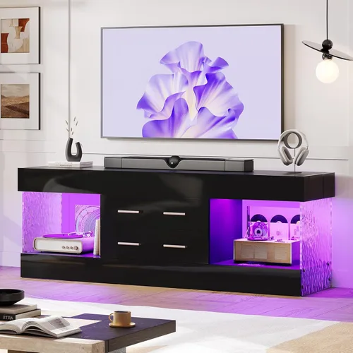 Miniatura 12 de Bestier Soporte de TV negro para TV de 55/60/65 pulgadas, soporte de TV moderno de alto brillo con paneles laterales con estampado de piedra, centro
