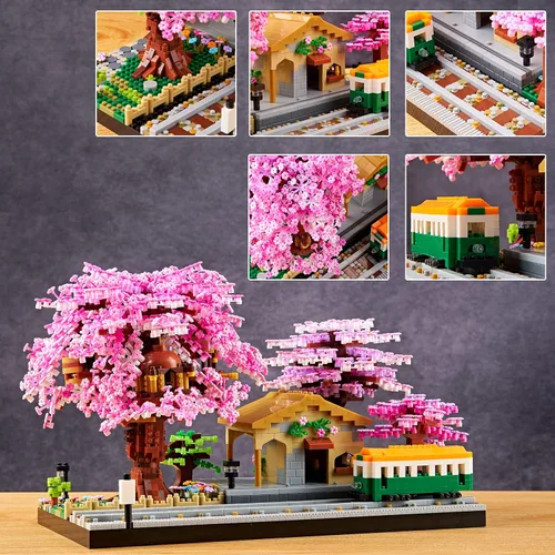 Miniatura 2 de Juego de construcción de árbol de cerezo japonés, mini micro bloques para adultos, flores, casa, bonsái, árbol, kit de construcción, ideas