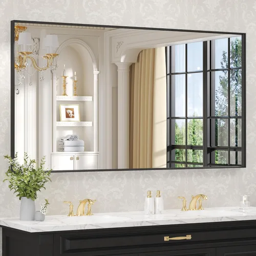 Miniatura 21 de LOAAO Espejo de Baño Rectangular de 22"X30" Negro para Pared, Marco de Aleación de Aluminio Negro Mate, Se Cuelga Vertical u Horizontalmente, Fácil