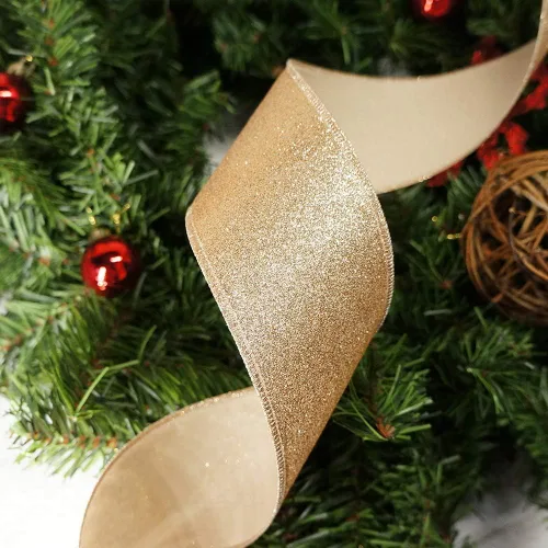 Miniatura 7 de Cinta de alambre con purpurina de 1,5" x 10 yardas dorada (oro champán) para decoración navideña del hogar, arcos, envoltorios de regalos