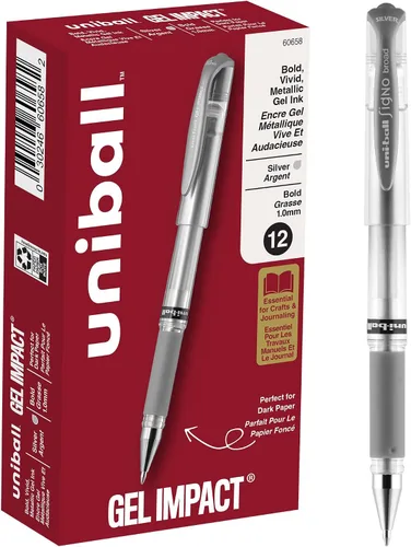 Uniball Signo - Bolígrafos de impacto de gel, punta gruesa (0.039 pulgadas), plateado metálico, paquete de 12