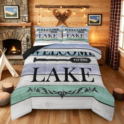 Juego de ropa de cama King para casa del lago, juego de edredón de paleta de madera retro para regalos para amantes del lago, inserto de edredón de