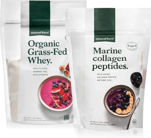 Natural Force Polvo de proteína de suero orgánico alimentado con pasto, sin sabor, 16 onzas, péptidos de colágeno orgánico limpio, sin sabor, 32