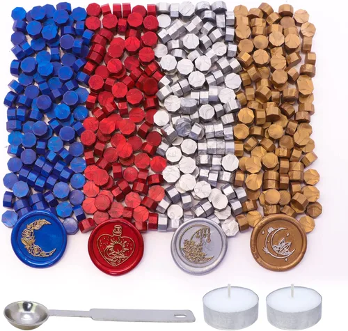 Miniatura 11 de SWANGSA Kit de 360 cuentas de cera de sellado doradas, rojas, verdes, plateadas, con 2 velas de té y 1 cuchara de cera para sello de cera