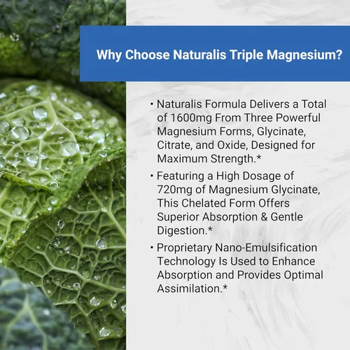 Miniatura 5 de Naturalis Complejo vegano de triple magnesio Glicinato quelado, citrato y óxido de 1600 mg ofrece 250 mg de magnesio elemental Fácil de absorber