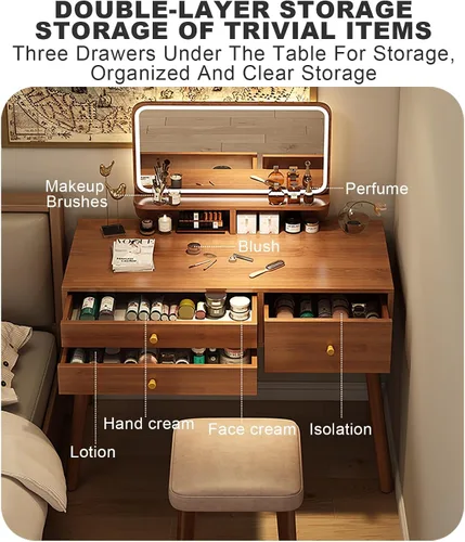 Miniatura 3 de Tocador con espejo de luces, escritorio de maquillaje de madera con taburete acolchado, moderno escritorio de tocador para dormitorio con taburete