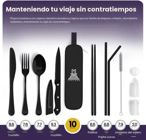 Miniatura 2 de Juego de cubiertos de viaje portátil Taplord con estuche, incluye 10 piezas de utensilios de viaje con estuche, juego de cubiertos de acero Negro