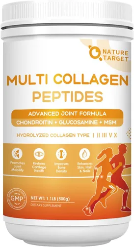 NATURE TARGET Multi-Colágeno-Péptidos-en-Polvo para Apoyo Articular, Colágeno Hidrolizado para Mujeres y Hombres con MSM + GC, Colágeno Tipo I II