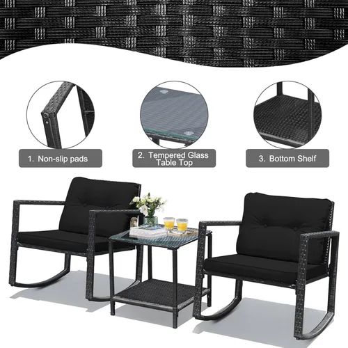 Miniatura 6 de DORTALA Juego de muebles de patio de 3 piezas, mecedora de ratán y mesa de centro de cristal con cojines, juego de 3 muebles de mimbre para Negro