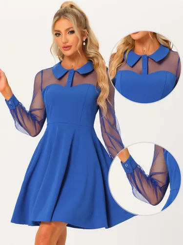 Miniatura 2 de Allegra K Vestido de fiesta de cóctel para mujer, con panel de malla transparente, manga larga, minivestido acampanado
