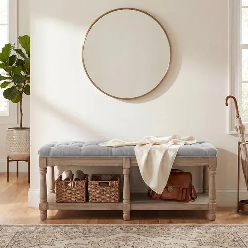 Miniatura 14 de Kmax Banco de Almacenamiento para Entrada Acolchado Banco Zapatero Banco de Ventana de Madera Negra para Pasillo Entrada Dormitorio Esquina, Beige