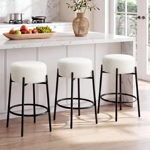 Miniatura 12 de Juego de 2 taburetes de bar modernos de altura de mostrador, taburetes de bar giratorios negros Boucle para isla de cocina, cómodas sillas tapizadas