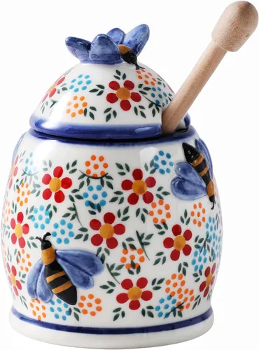 Miniatura 16 de ZOOBEE Tarro de miel de cerámica de 10 onzas con tapa y tapa pintada a mano con diseño natural, pequeño recipiente portátil para miel para cocina
