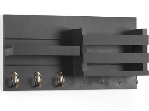 Miniatura 7 de Lwenki - Organizador de montaje en la pared negro, llavero + estante, portacartas y ganchos para abrigos y correas de perro, madera rústica