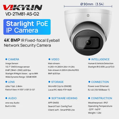 Miniatura 2 de VIKYLIN Cámara de seguridad IP 4K 8MP, DMSS/SmartPss Lite, cúpula Starlight con micrófono incorporado, ranura para tarjeta SD de 256 GB, lente