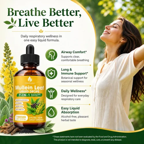 Miniatura 4 de Gotas de gordolobo para pulmones, 7 en 1 1500 mg de extracto líquido de hoja de gordolobo para limpieza de pulmones y apoyo respiratorio