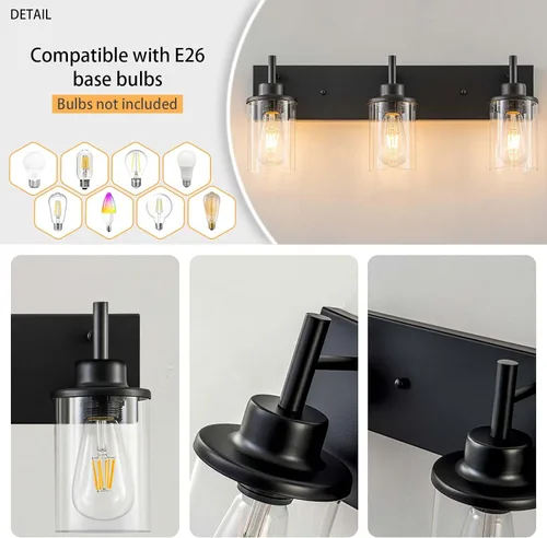 Miniatura 5 de GoYeel Accesorios de iluminación de tocador, aplique de pared negro mate de 3 luces negras con pantalla de vidrio transparente para dormitorio