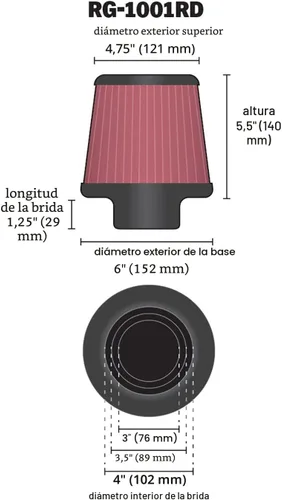 Miniatura 2 de K&N RG-1001RD pinzas de filtro de aire universal: cónico redondo; ID de brida 3 pulgadas/3.5 pulgadas/4 pulgadas (102 mm/89 mm/76 mm); 5.5 pulgadas